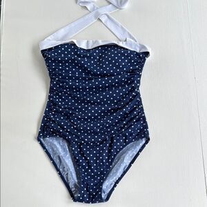 LAUREN RALPH LAUREN Navy White Polka Dot Retro halter Women's Swimsuit Size 10